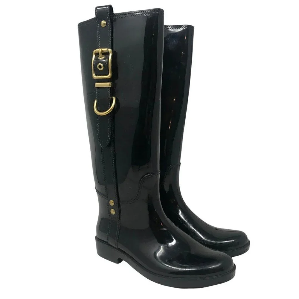 Coach Womens Tasha Riding Rain Boots Black Round Toe Knee High Buckle 7